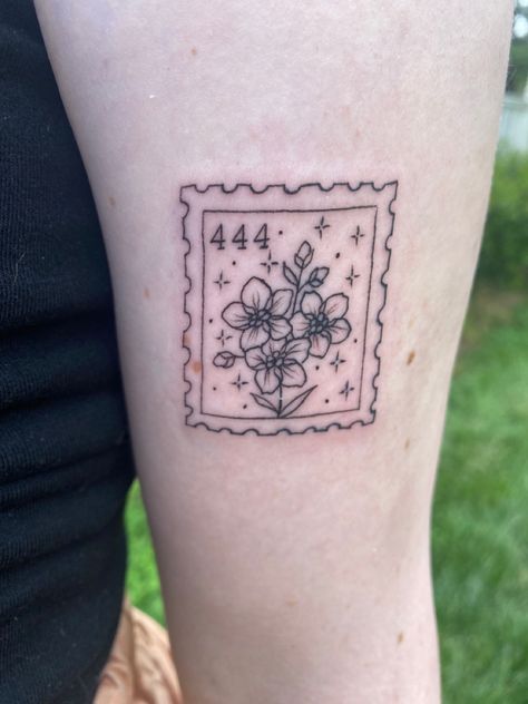 Stamp Tattoo Ideas Postage, 444 Flower Tattoo, Iris Stamp Tattoo, Violet Stamp Tattoo, Floral Postage Stamp Tattoo, Flower Postage Stamp Tattoo, Stamp Tattoo Flower, Post Stamp Tattoo Ideas, Forget Me Not Flowers Tatoos