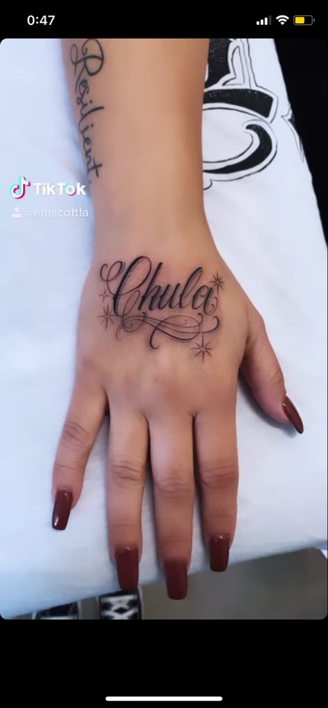 Chicana Small Tattoos, Hand Cursive Tattoo, Mexican Saying Tattoos, Cursive Stomach Tattoo, Chicana Tattoos For Women Lettering, Caligraphy Tattoos Women, Heaven Sent Tattoo Word, Name On Hand Tattoos For Women, Chingona Tattoos