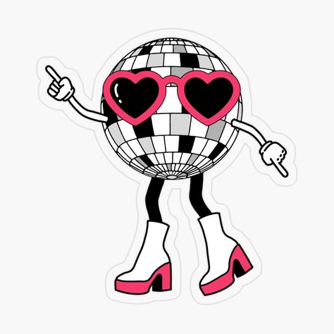 Pink, discoball, mirror ball, mirrorball, trendy, cute, funny, sticker, stickers, girly, preppy, disco, groovy Dance Stickers Aesthetic, Disco Ball Cartoon, Cartoon Disco Ball, Disco Ball Doodle, Printmaking Relief, Disco Stickers, Disco Ball Drawing, Bola Disco, Groovy Stickers