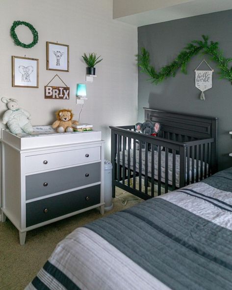 Nursery Ideas With Full Size Bed, Nursery Ideas In Apartment, Bed Side Nursery Ideas, Twin Bed And Crib Shared Room Layout, Crib In Master Room Ideas, Nursery Ideas With Bed In Room, Minimal Nursery Ideas Small Room, Guest Room Baby Room Combo, Baby Boy Nursery Small Space