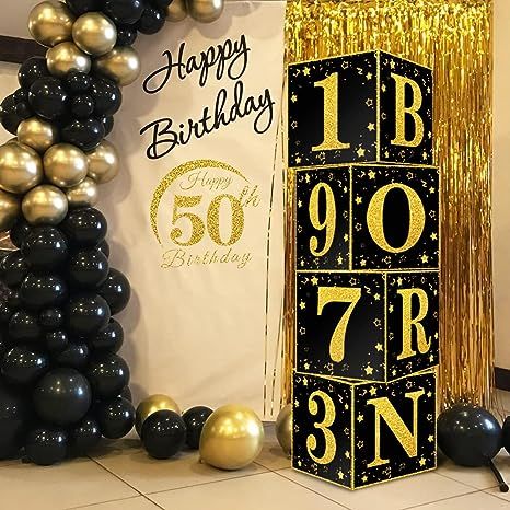 Amazon.com: TONIFUL 50th Birthday Party Decorations - 4 Pcs Black Gold 50th Birthday Boxes with 1973 Aged to Perfection Print - Ideal for Creating Beautiful Birthday Decorations for Men and Women : Home & Kitchen Diy 50th Birthday Decorations, 50th Birthday Party Diy, 50th Birthday Party Centerpieces, 50th Birthday Table Decorations, 40th Birthday Centerpieces, 50th Birthday Party Ideas For Men, 50th Birthday Centerpieces, Birthday Boxes, Black And Gold Party Decorations