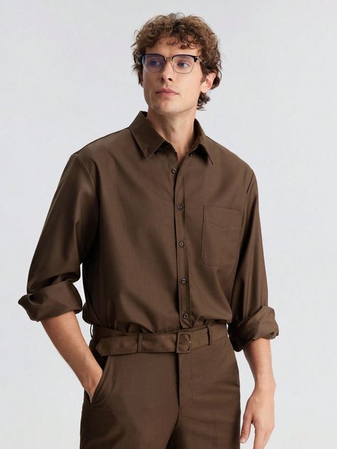 Men's Spring Brown Button-Down Long Sleeve Shirt, Fashionable Minimalist, Suitable For Valentine's Day Date, Holiday, New Year Party, Business Casual Chocolate Brown Casual  Long Sleeve Woven Fabric Plain Shirt Non-Stretch Spring,All Men Clothing, size features are:Bust: ,Length: ,Sleeve Length: Valentines Day Date, Plain Shirts, Mens Spring, New Years Party, Nouvel An, Men Clothing, San Valentino, Business Casual, Long Sleeve Shirts