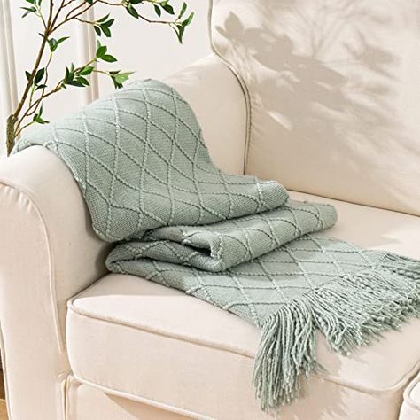 BATTILO HOME Sage Green Throw Blanket for Couch, Boho Bed Throws for Home Decor, Light Blue Throw Blanket for Sofa Living Room, 50"x60" Sage Green Throw Blanket, Sage Green Throw, Throw Rugs Bedroom, Fairycore Room, Room Decor Alternative, Checkered Decor, Light Academia Room Decor, Blanket Knitted, Room Decor Grunge