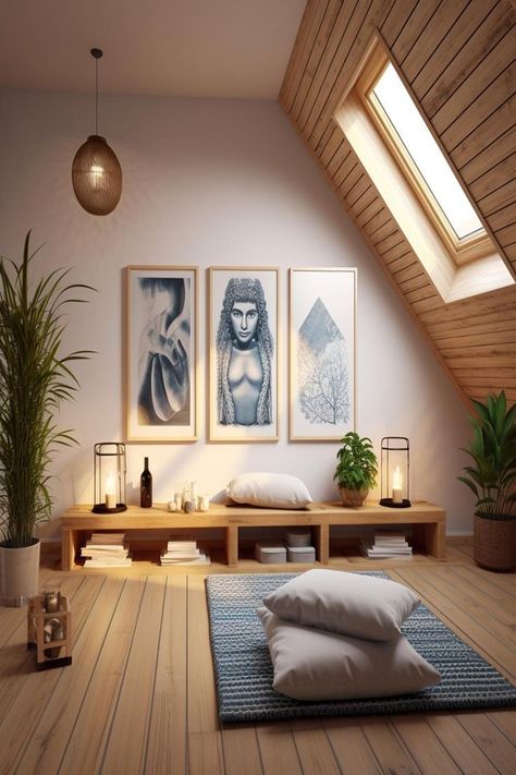 Sala Zen, Small Attic Room Ideas, Sala Yoga, Small Attic Room, Zen Room Decor, Attic Room Ideas, Yoga Meditation Space, Yoga Room Design, Home Yoga Room