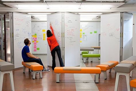 Stanford d.school  note moveable walls --  Group Study Rms: Like this idea of dry-erase walls combined with the sliding doors. Whiteboard Wall, Sliding Room Dividers, Creative Office Space, Collaborative Workspace, Hanging Room Dividers, School Interior, Office Space Design, Collaboration Space, Classroom Design