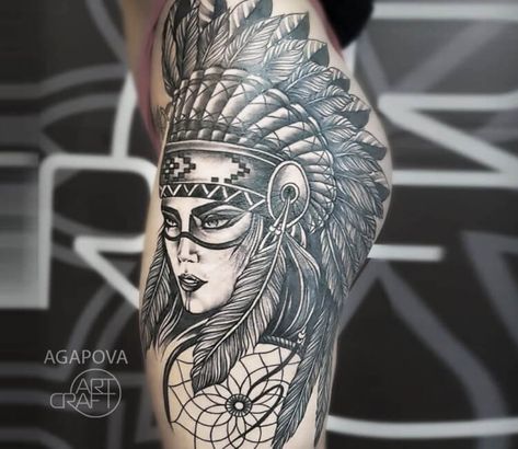 Indian Head Tattoo, India Tattoo, Native American Girl, Girl Thigh Tattoos, Neotraditional Tattoo, Native Tattoos, Hip Tattoos Women, Shoulder Tattoos, Indian Tattoo