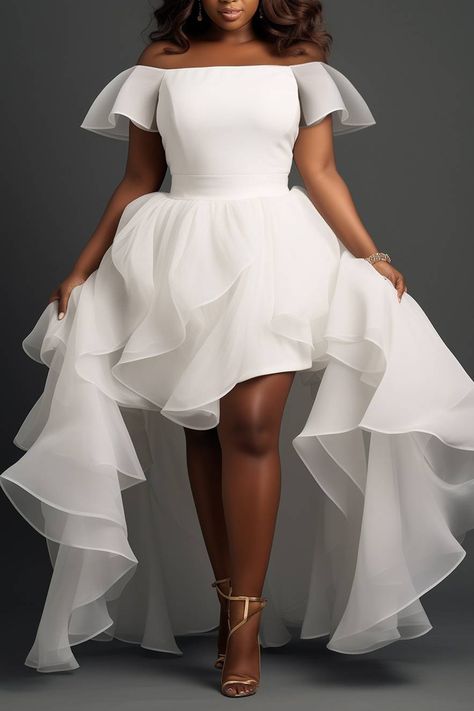 Xpluswear Types Of Off Shoulder Sleeves, Ruffle Neck Wedding Dress, Cocktail Style Wedding Dress, White Winter Dress Formal, White Nigerian Dress, Short Summer Wedding Dresses For Bride, Plus Size Puff Sleeve Dress, Plus Size White Party Dress, Short Off The Shoulder Wedding Dress