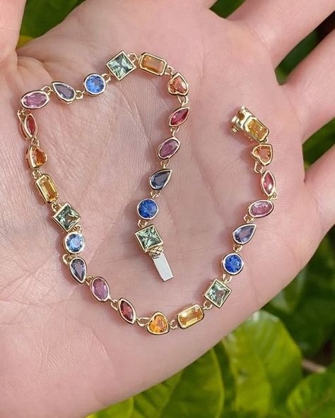 Julz on Instagram: "Ending this gloomy day with a magical 14k bezel set all rainbow sapphire tennis bracelet 🥹  It is 8” in length and can be shortened!! It has approx 5 carats of gorgeous fancy shape sapphires in all different rainbow colors 😍  Swipe to see this beauty on!!! More finds of our Vegas show coming tomorrow!! Don’t forget to turn on post notifications 🤩" Fashion Jewelry Necklaces Gold, Sapphire Tennis Bracelet, Vegas Shows, Rainbow Sapphires, Necklaces Gold, Rainbow Jewelry, Gloomy Day, Pretty Jewelry, Birthday Wishlist