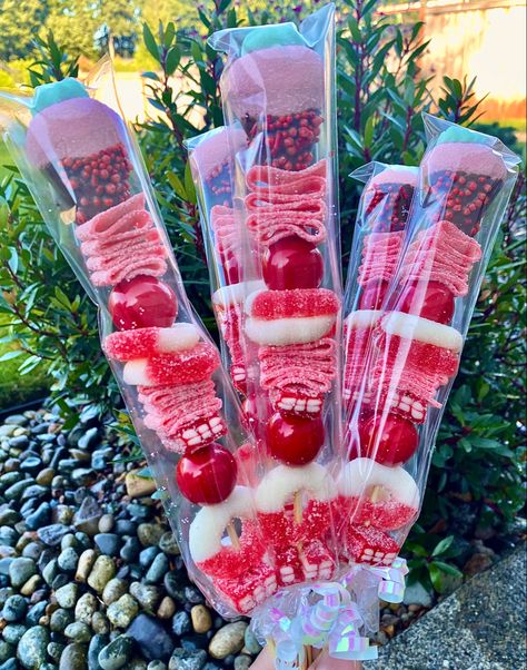 Chocolate Covered Strawberry Marshmallow; Lemonade Sour Belts; Watermelon Ring; Strawberry Bar; Gumballs Strawberry Kabobs, Gummy Candy Kabobs, Candy Kabobs, Valentines Party Decor, Kabob Skewers, Chocolate Covered Marshmallows, Strawberry Candy, Olympia Washington, Chocolate Covered Strawberry