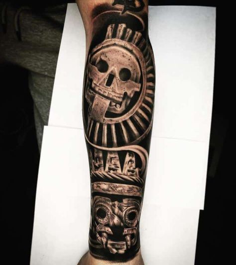 Aztec Tattoos For Men 3 Aztec Warrior Tattoo Stencil, Aztec Symbols Tattoo, Aztec Mayan Tattoo, Aztec Gods Tattoo, Aztec Sleeve Tattoos, Aztec Tattoo Designs For Men, Aztec Neck Tattoo, La Tattoos Ideas, Symbols For Tattoos