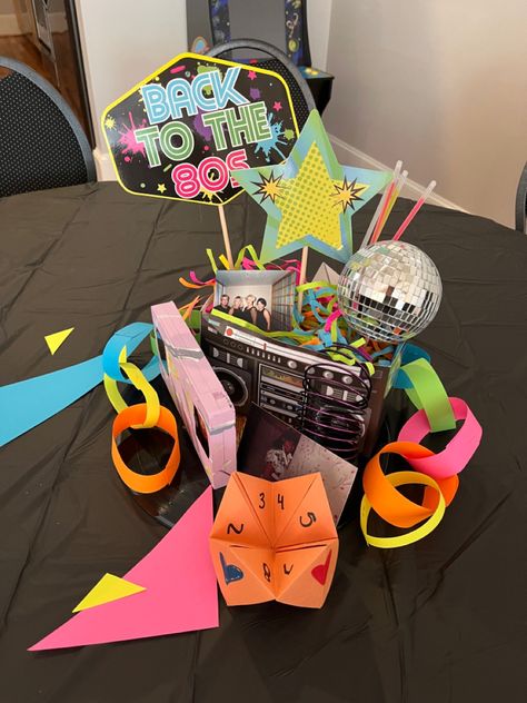 Retro Party Centerpieces, 80s Prom Table Decorations, 1980s Party Decorations Diy, 80s Table Decor, 90s Party Centerpieces, 80s Candy Bar, 80s Theme Party Decorations Centerpieces, 80s Theme Table Decor, 80s Theme Centerpieces