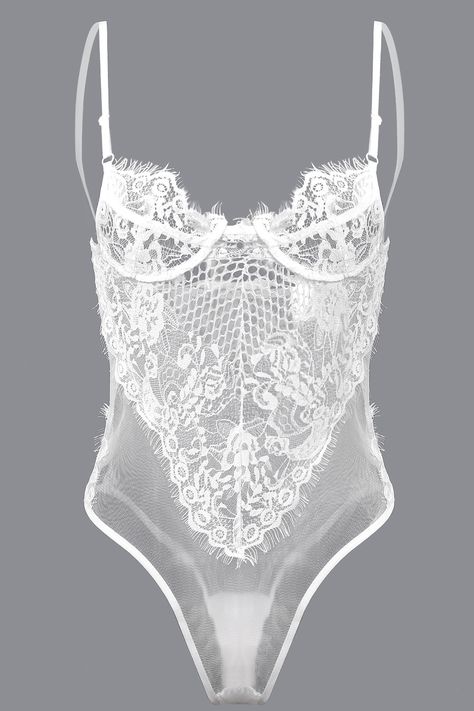 White Sexy Lace Hollow Out See-through Bodysuit with No Falsies Lingerie Drawer, White Lingerie, Wedding Lingerie, Pretty Lingerie, Bridal Lingerie, Beautiful Lingerie, Lingerie Collection, Lingerie Sleepwear, Corsets