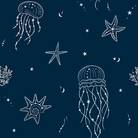 Seamless pattern with seashells, jellyfish and starfishes. Marine dark blue background. For printing, fabric, textile, manufacturing, wallpapers. Under the sea Background For Printing, Under The Sea Background, Underwater Cartoon, Chalkboard Vector, Fish Silhouette, Sea Illustration, Underwater Theme, Textile Manufacturing, Printing Fabric