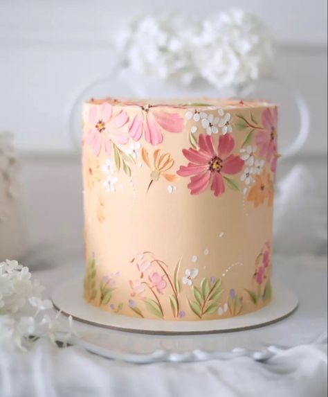 Butter Cream Birthday Cake, Palette Knife Cake, Cake Painting Tutorial, Spring Cake Designs, Floral Cake Birthday, Butterfly Baby Shower Cake, Pastry Decoration, Cake Painting, Spring Cake