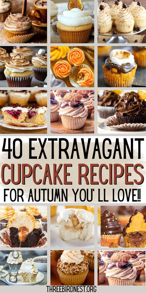 Cupcake Wonderland: 40 Decadent Fall Flavors to Enjoy This Season - This Little Nest The only Fall cupcake list you need this year. Make the most festive and fun autumn cupcakes to spice up your season.  Fall cupcakes, Autumn cupcakes, cupcake recipes, holiday cupcakes, Thanksgiving cupcakes, Christmas cupcakes. Cupcake Flavors List, Cardamom Cupcake Recipes, Best Fall Cupcakes, Cupcake Recipes Winter, Grape Cupcake Recipe, Cupcakes Graduation Ideas, Fall Filled Cupcakes, Interesting Cupcake Recipes, Marshmallow Cupcake Filling