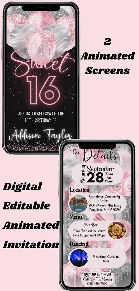 Digital Sweet 16 Invitation Pink Sweet 16 Invites Template Animated 16th Birthday Party Invitation Sweet Sixteen Invitation Pink and Silver - Etsy Sweet 16 Invites, Digital Birthday Invitations, Invites Template, Pink Sweet 16, Sweet Sixteen Invitations, Taco Bar, Invitation Pink, Sweet 16 Invitations, 16th Birthday Party