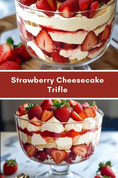 Strawberry Cheesecake Trifle is a delightful dessert that combines the rich, creamy taste of cheesecake with the freshness of strawberries and the texture of pound cake. Strawberry Trifle Recipes, Strawberry Cheesecake Truffle, Triffle Recipe, Strawberry Cheesecake Trifle Recipe, Healthy Strawberry Dessert, Strawberry Cheesecake Trifle, Cheesecake Parfait Recipes, Strawberry Cheesecake Parfaits, Dessert Trifle