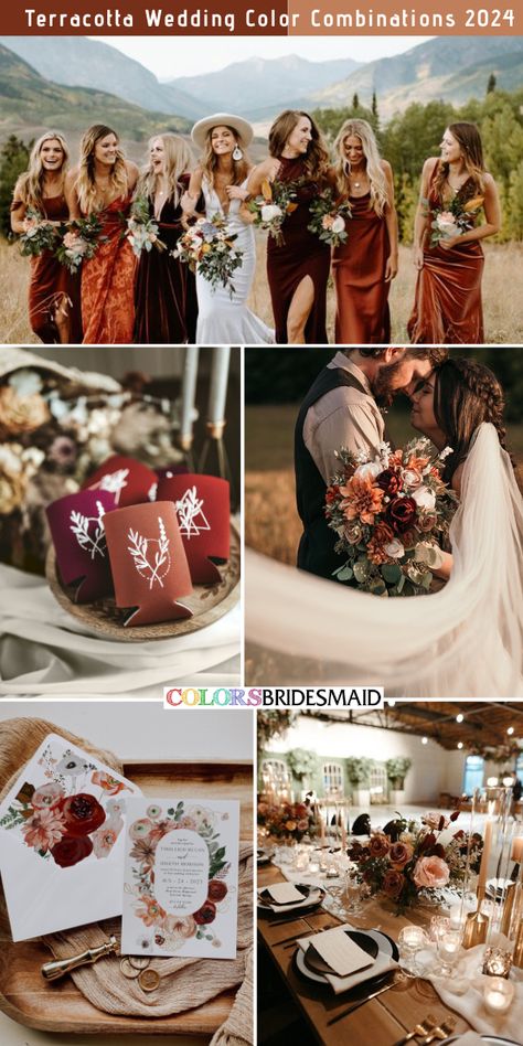 Terracotta and burgundy wedding color combos inspirations for 2024: mixed terracotta and burgundy bridesmaid dresses, terracotta and burgundy drinks cozies, terracotta and burgundy wedding bouquets, wedding invitations with terracotta and burgundy flowers patterns, terracotta and burgundy wedding table decorations. #weddingcolors #weddingideas #fallweddings #terracottaweddings #colsbm #2024 #bridesmaiddresses #terracottaandburgundy Orange And Maroon Color Palette, Autumn Wedding Bridesmaids And Groomsmen, Sunset Terracotta Wedding Colors, Burgundy Drinks, Burgundy And Terracotta Wedding, Rust Orange Wedding Color Combos, Terracotta And Burgundy Wedding, Burgundy And Rust Wedding, Bridesmaid Dresses Terracotta