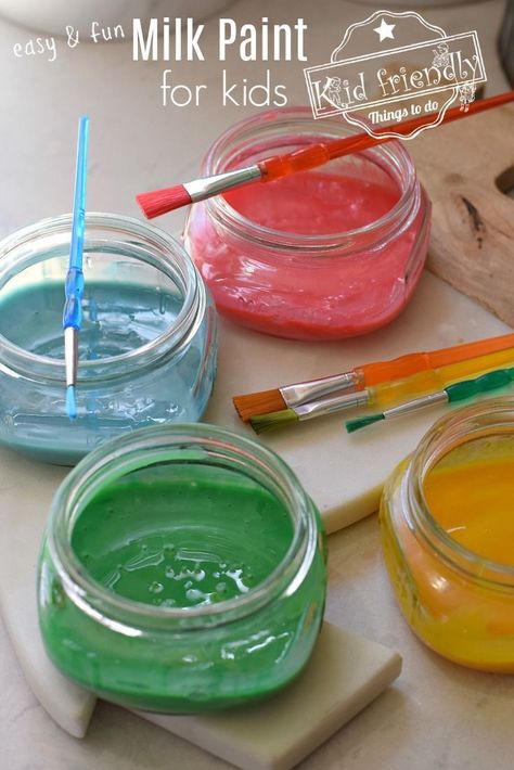 Milk Paint is a fun & easy way to paint with kids. This Milk Paint recipe only uses food coloring and milk. It is safe to use, non-toxic and goes on thick and shiny. Kids love their homemade milk paint creations. www.kidfriendlythingstodo.com #paint #homemade #diy #kids #safe #nontoxic #fun #easy #foodcoloring Milk Paint Diy, Milk Paint Recipes, Paint For Kids, Painting Mediums, Homemade Milk, Paint Recipe, Raspberry Leaf Tea, Beach Week, Milk It