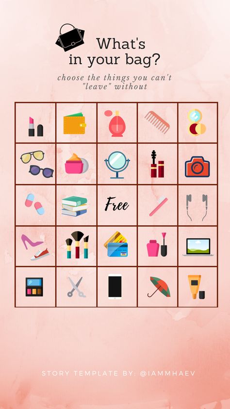 Whats in your bag? (icons) Bingo Instagram Story Template Whats In Your Bag, Bingo Sheets, Bingo Template, Instagram Story Questions, Instagram Questions, Instagram Planner, Wattpad Quotes, Interactive Posts, Instagram Games