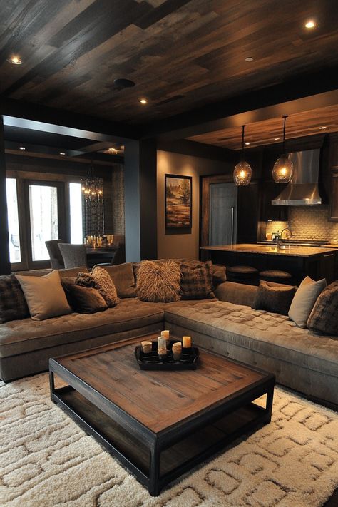 "Warm up your living room with cozy, earth-toned decor! 🌿🛋️ #LivingRoomIdeas #CozyDesign #EarthyDecor" Earth Tone Living Room Modern, Dream Home Living Room Cozy, Cool Toned Home Interior, Rustic Dark Living Room, Earth Tone House Interior, Beautiful Interior Design Living Room, Dark Cozy House Aesthetic, Coastal Aesthetic Living Room, Browns And Grey Living Room