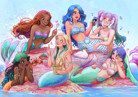 Luz Tapia Art on Instagram: “Mermaids ✨🧜‍♀️ Barbie (Dua Lipa), Ariel, Aquamarine and my Original Characters! Since the Barbie posters came out, I had the urge to draw …” Luz Tapia Art, Little Mermaid Live Action, Mermaid Barbie, Mermaid Drawings, Mermaids And Mermen, Original Characters, Pinturas Disney, Disney Princess Art, Princess Art