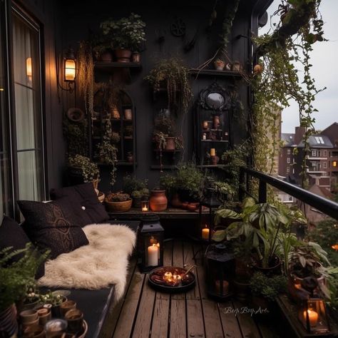 Gothic Plant Home Decor, Black Walls With Plants, Black With Plants Room, Modern Goth House Interior, Gothic Boho Interior Design, Dark Moody Sunroom, Dark Academia Plant Room, Witchy Sitting Room, Dark Academia Balcony