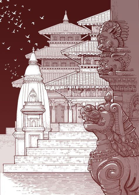 Illustration of Nepal on Behance Nepali Architecture Sketch, Traditional Illustration, Temple Drawing, Nepal Art, Nepal Culture, Durbar Square, Historical Buildings, Temple Art, Hinduism Art