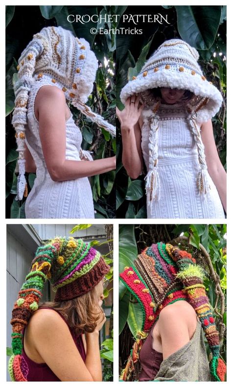 Fae Elf Hood Crochet Patterns Hippie Crochet Patterns, Crochet Elf Hat Pattern, Crochet Elf Hat, Crochet Hood, Hippie Crochet, Hats And Scarves, Crochet Fairy, Crocheted Hats, Crochet Hat Free