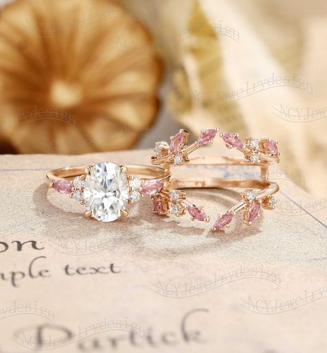 Art Deco Moissanite Engagement Ring Set Oval Moissanite Ring - Etsy Rose Gold Bridal Ring Set, Moissanite Ring Oval, Pink Sapphire Ring Engagement Wedding Set, Pink Engagement Rings, Pink Wedding Ring, Pink Moissanite Engagement Ring, Pink Moissanite Ring, Pink Sapphire Engagement Ring, Pink Engagement