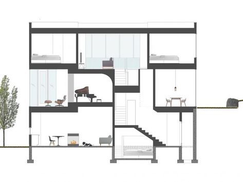 Stack House - Section - This drawing shows how the blocks interact with each other. Section Drawing Architecture, House Section, Security Room, Graphic Architecture, Architectural Design Studio, Townhouse Designs, Architecture Design Sketch, Floor Plan Layout, Architectural Section