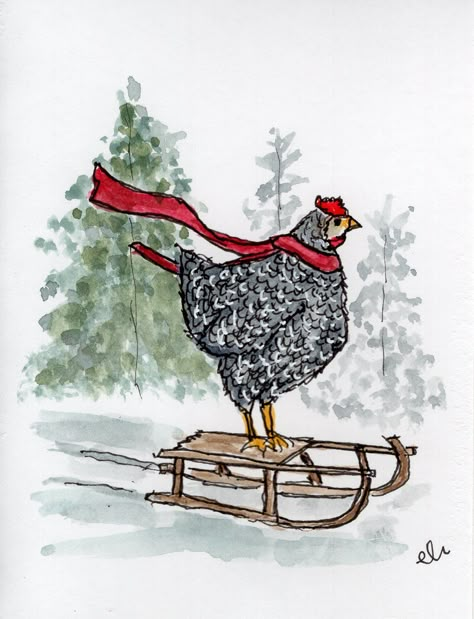 Christmas Chicken Drawing, Christmas Sketch Ideas Pencil, Christmas Chicken Painting, Chicken Christmas Card, Watercolor Paintings Winter, Christmas Chicken Art, Christmas Art Simple, Christmas Animals Drawing, Simple Christmas Watercolor