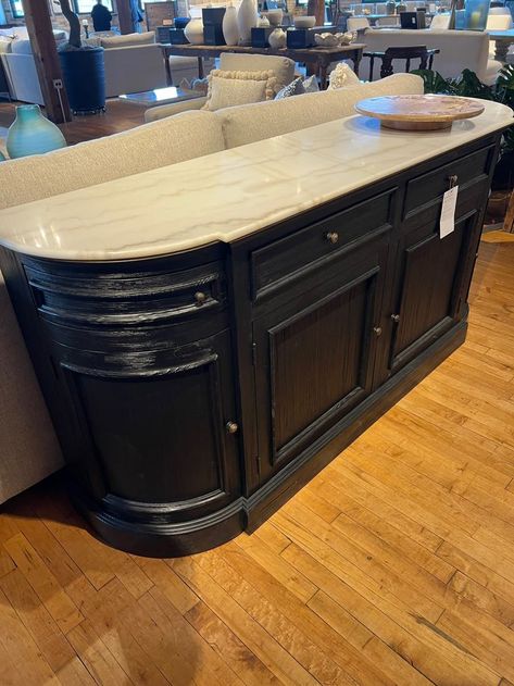 Love the marble top and the black - slightly too traditional below marble Sideboard Marble Top, Patio Cabinet, Marble Top Buffet, Marble Top Sideboard, The Marble, Sideboard Console, French Furniture, Stone Top, Faux Marble