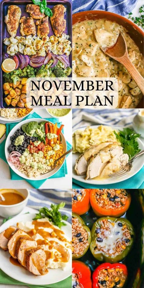 This November meal plan has a full month of ideas for easy, homemade family-friendly dinners. Includes a free printable PDF calendar with each day’s menu idea for easy planning. Easy Weeknight Menu Weekly Meal Plans, 30 Day Dinner Menu Families, We Meal Plan, Family Menu Planning Dinners, Family Food On The Table, Weeknight Menu Plan, November Monthly Meal Plan, Winter Meal Planning, Healthy Meals For A Month Menu Planning