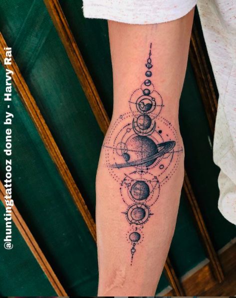 Planet Alignment Tattoo, Aligned Tattoo, Alignment Tattoo, Galaxy Tattoo Design, Planet Alignment, Tattoo Line Work, Planets Aligned, Tattoo Line, Work Tattoo