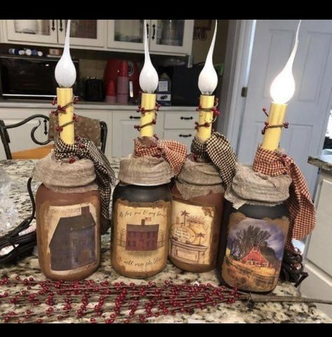 Rusty Tin Ideas, Diy Primitive Candles, Primitive Crafts Diy, Easy Primitive Crafts, Primitive Mason Jars, Primitive Labels, Jars Decor, Primitive Decor Ideas, Primitive Country Homes