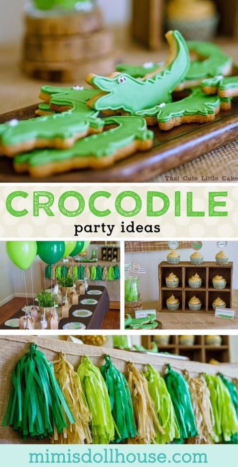 Amazing Crocodile Birthday Party Ideas + Supplies! These crocodile party ideas are sure to inspire! Crocodile Birthday Party, Crocodile Birthday, Gator Party, Alligator Birthday Parties, Crocodile Party, Swamp Party, Alligator Party, Alligator Birthday, Diy Party Crafts