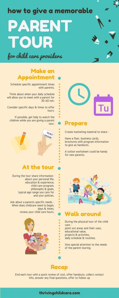 how to give a parent tour Childcare Director, Daycare Schedule, Daycare Setup, Daycare Director, Home Daycare Ideas, Preschool Director, Daycare Rooms, Home Day Care, Starting A Daycare