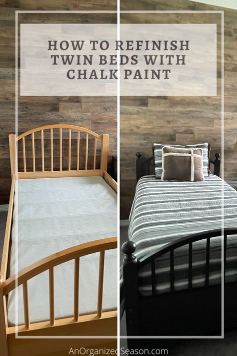 How to refinish twin beds with chalk paint for a whole new look! #anorganizedseason # chalkpaint #paintedfurniture #furnituremakeover #chalkpaintedfurniture #upcycledfurniture #refinishedfurniture #upcycle via @anorganizedseason Chalk Painted Bed Frame, Painted Twin Bed Frame, Chalk Paint Bed, Painted Bed Frames, Rustoleum Chalk Paint, Painted Kitchen Tables, Diy Paint Projects, Painted Beds, Black Chalk Paint