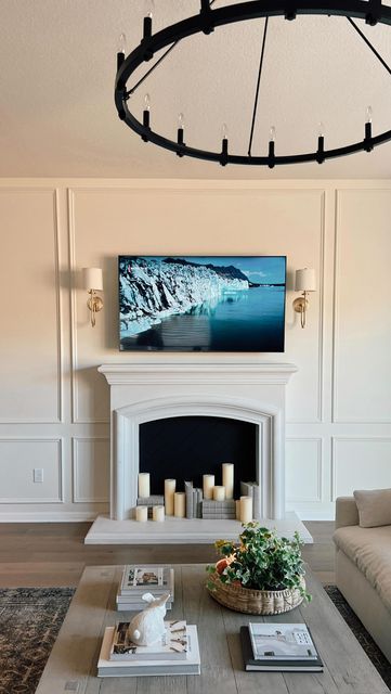 Wall Moulding Over Fireplace, Fireplace Tv Wall Moulding, Picture Molding Around Fireplace, Molding On Fireplace Wall, Living Room Panelling Fireplace, Wainscoting Next To Fireplace, Wainscoting Ideas Around Fireplace, Living Room Panelling With Fireplace, Panelling Living Room Fireplace