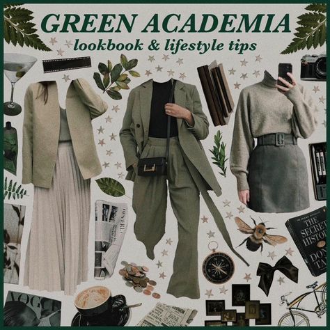 Green Academia Aesthetic Outfit, Academia Lookbook, Outfits Academia, Green Dark Academia, Colorful Academia, Green Academia Aesthetic, Dark Academia Green, Podcast Recommendations, Light Academia Outfit