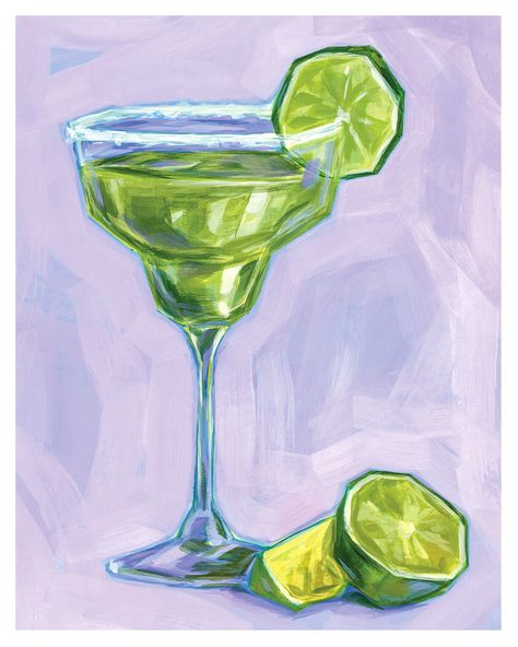 "8x10 in. Can I get that margarita on the rock rock rock? PRINT DETAILS: This piece is a reproduction of an original acrylic painting printed on 60lb polar matte paper. The print includes a ¼\" border to help with matting and framing (frame + mat not included). All prints are signed with pencil on the back. SHIPPING: Each print is placed inside of a protective sleeve and mailed in a rigid mailer via USPS. + Please note that slight variations in color should be expected due to differences in moni Margarita Wall, Margarita Print, Art Cocktail, Wine Wall Art, Dorm Art, Painting Kitchen, Cocktail Art, Wine Art, Bar Art