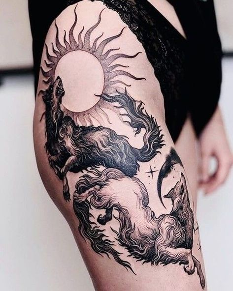 Dark Tattoo Ideas, Thigh Tattoo Ideas, Fenrir Tattoo, Tattoo Ideas Inspiration, Muster Tattoos, 4 Tattoo, Wolf Tattoos, Dark Tattoo, Dope Tattoos