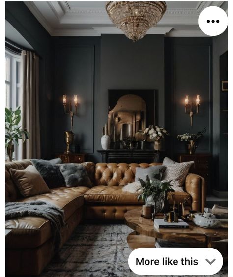 Southern Gothic Decor Interior Design, Dark Traditional Living Room, Dark Moody Interior Design, Cognac Couch Living Room Ideas, Dark Esthetics, Dark Home Interior, Moody Victorian, Moody Interior Design, Boho Living Room Inspiration