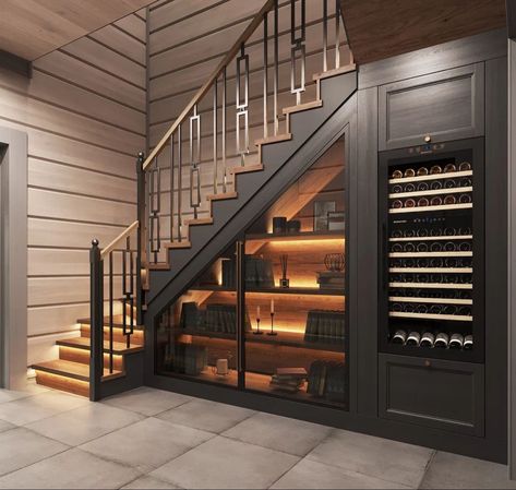 Wine Room Under Staircase, Stair Wine Cellar, Under Staircase Ideas, Understairs Ideas, Staircase In Living Room, Bar Under Stairs, Under Stairs Wine Cellar, تحت الدرج, درج السلم