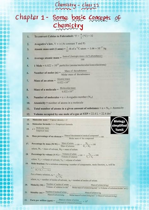 Biology Simplified Tamil: Chemistry Formulae Chemistry Formula Sheet, Some Basic Concepts Of Chemistry, 11th Chemistry Notes, Chemistry Class 11, Formula Sheet, Science Formulas, Neet Notes, Chemistry Study Guide, 11th Chemistry