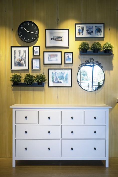 Gallery Wall With Clock And Mirror, Gallery Wall With Small Pictures, Photo Wall Collage Above Dresser, Wall Decor With Frames And Plants, Photo Wall With Clock, Photo And Mirror Wall Ideas, Picture Wall With Clock In Middle, Plants And Photos Wall, Gallery Wall Mirror Center