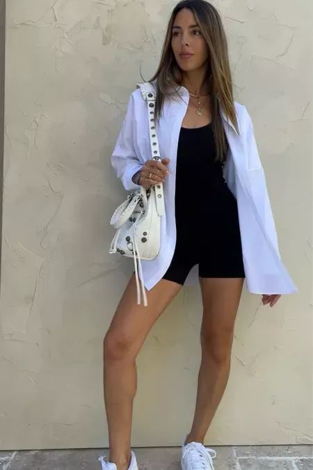 White Romper Outfit Casual, Bike Shorts Romper Outfit, Women Romper Outfits, Romper And Shirt Outfit, White Button Down Shirt Outfit Summer Casual, White Button Down Casual Outfit, White Button Up Summer Outfit, Body Romper Outfit, Jumpsuit With Button Down Shirt