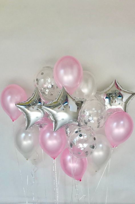 Add some joy to your birthday party, baby shower, Eid, Ramadan or other occasions and make your family and guests have a memorable day. Durable, helium inflatable and beautiful party decoration set to will help you celebrate your special moments. Your guests and family will love these latex and foil balloons.THE PACKAGE: This moon and star balloons bouquet set includes:one 36-inch Pink Moon Foil balloonthree 18-inch Silver Star Foil balloonsthree 12-inch Silver-Confetti Latex balloonsfive 12-inc 16 Birthday Party Balloon Ideas, Pink White Silver Party, All Pink Slumber Party, Pink Silver And Gold Birthday Decorations, Pink White And Silver Balloons, Pink Bling Party Theme, Pink And Silver Theme Party, Pink And Silver Birthday Aesthetic, Silver Pink Birthday Decoration