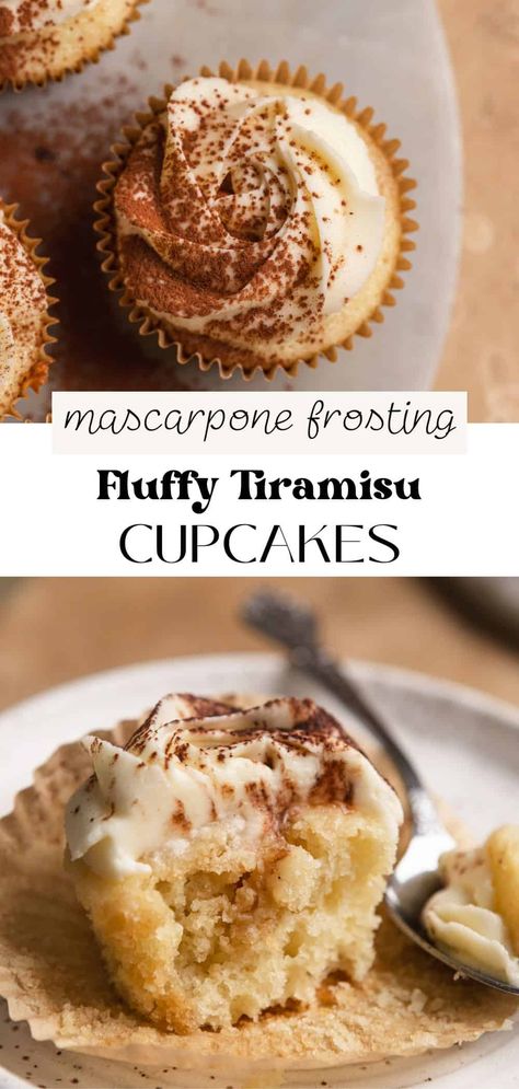 Tiramisu Cupcakes Julie Marie Eats Tiramisu Cupcakes, Tirimasu Cupcake Recipes, Easy Tiramisu Cupcakes, Tiramisu Cookie Cups, Tiramisu Cupcakes Recipe, Recipe With Mascarpone, Fluffy Vanilla Cupcake Recipe, Mascarpone Frosting Recipe, Tiramisu Recipes